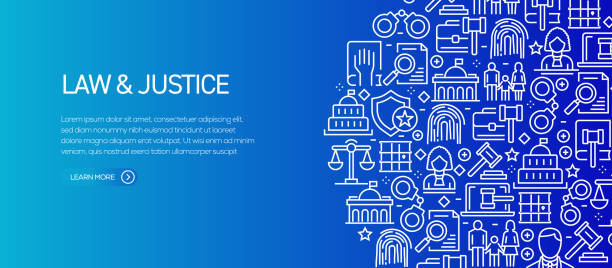 Law and Justice Banner Template with Line Icons. Modern vector illustration for Advertisement, Header, Website. Law and Justice Banner Template with Line Icons. Modern vector illustration for advertisement, header, website. law designs stock illustrations