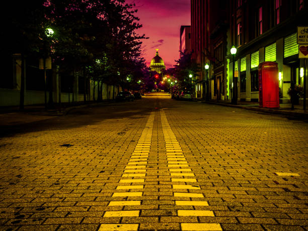 Low camera angle view of the Mississippi Sate Capitol Building located in Jackson MS, shot at dusk.