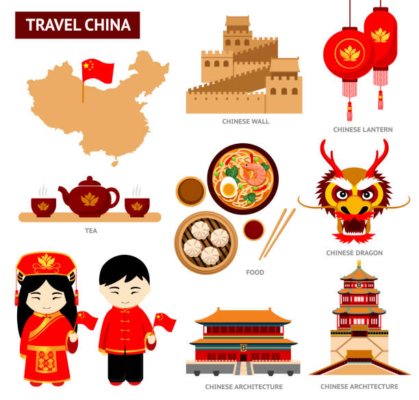 ilustrações, clipart, desenhos animados e ícones de viaje para a china. jogo dos ícones da arquitetura chinesa, alimento, trajes, símbolos tradicionais. coleção da ilustração para guiar china. - tourist travel china great wall of china