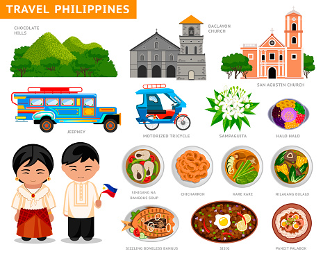 Set of traditional cultural symbols, cuisine, architecture. A collection of colorful illustrations for the guidebook. Filipinos in national dress. Attractions. Vector.
