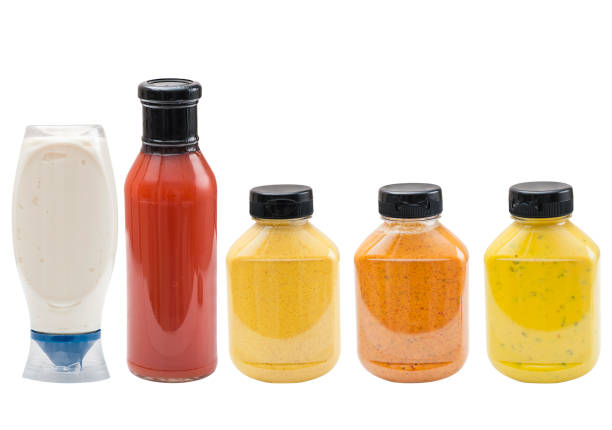 Gourmet ketchup mayonnaise and mustard isolated on white background