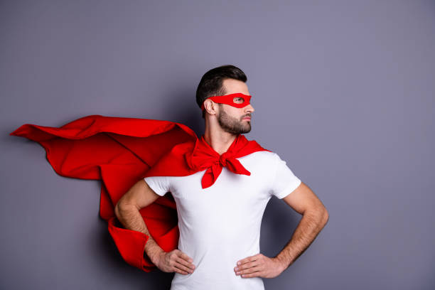 Portrait of his he nice-looking attractive content macho candid virile bearded guy looking aside ready to rescue isolated over gray pastel background