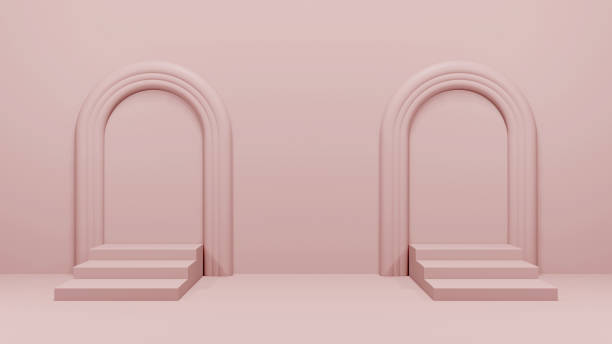 istock Pink empty podium in empty pink room, realistic 3d render illustration. Abstract textured stage set with staircase, geometric shapes and perspective composition. 1157142932