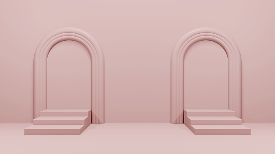 Abstract textured stage set with staircase, geometric shapes and perspective composition.  Pink empty podium in empty pink room, realistic 3d render illustration.
