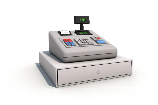 A 3D graphic of a cash register isolated on a white background.