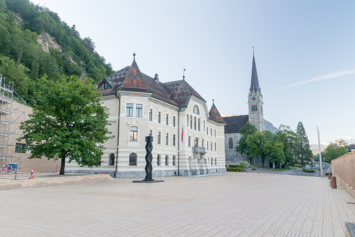 Vaduz, Liechtenstein - June 1, 2019: Square and Government Building of Liechtenstein.