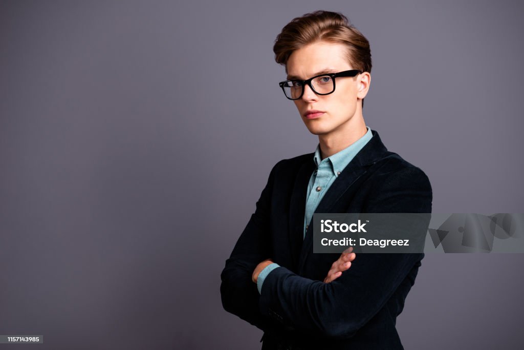 Close Up Side Profile Photo Amazing He Him His Guy Macho Specs Perfect  Appearance Hairstyle Arms Crossed Strict Chief Leadership Not Smile  Formalwear Shirt Velvet Jacket Isolated Grey Background Stock Photo -
