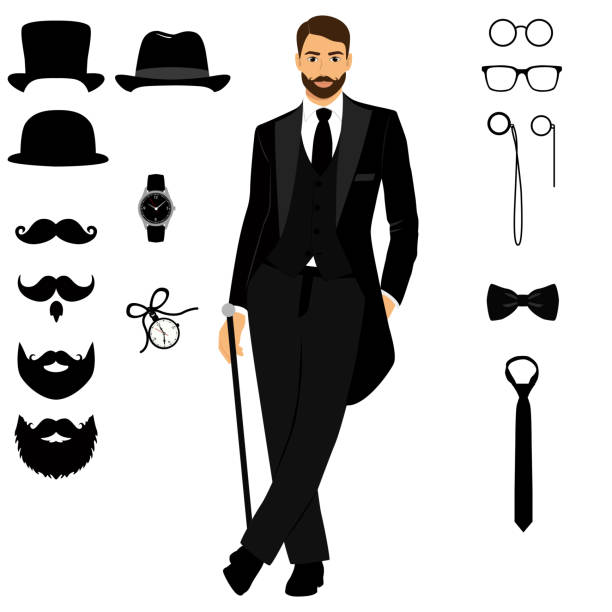 ilustraciones, imágenes clip art, dibujos animados e iconos de stock de caballero. esmoquin para hombre. accesorios para hombre. los hombres de la boda están listos. - monocle