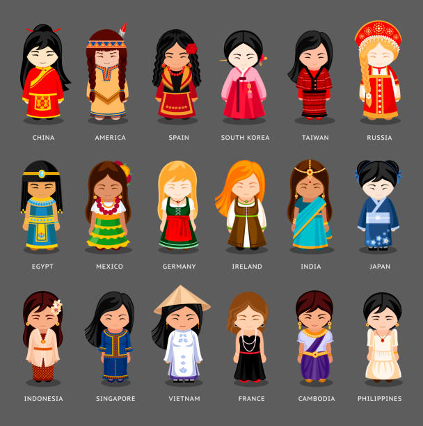 Cartoon girls in different national costumes. Vector illustration of multicultural national woman, people on planet earth. Set of international people in traditional clothes. filipino ethnicity stock illustrations
