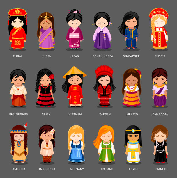 Cartoon Girls In Different National Costumes Stock Illustration - Download  Image Now - Cambodian Ethnicity, Asian and Indian Ethnicities, Book - iStock