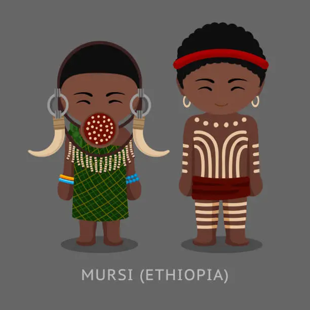 Vector illustration of Mursi people in traditional costume.