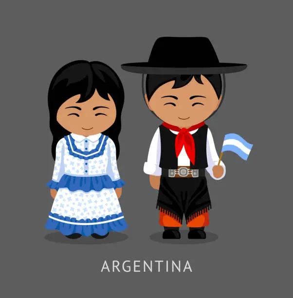 Vector illustration of Argentines in national dress with a flag.