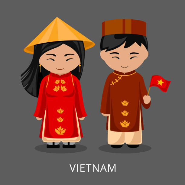 Vietnamese in national dress with a flag. Man and woman in traditional costume. Travel to Vietnam. People. Vector flat illustration. ao dai stock illustrations