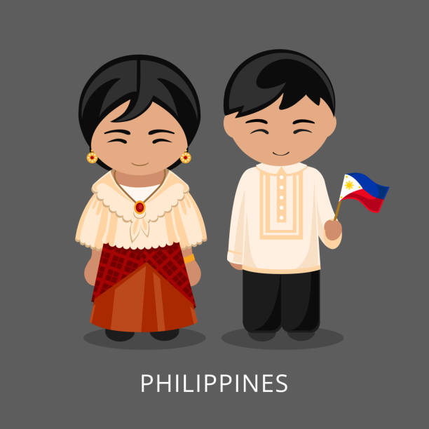 ilustrações, clipart, desenhos animados e ícones de filipinos no vestido nacional com uma bandeira. - ceremonial dancing illustrations