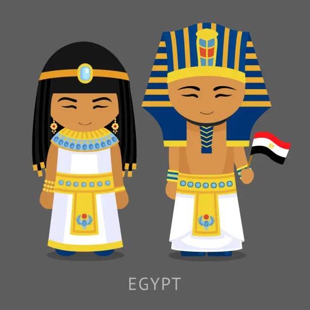 Vector illustration of Egyptians in national dress with a flag.