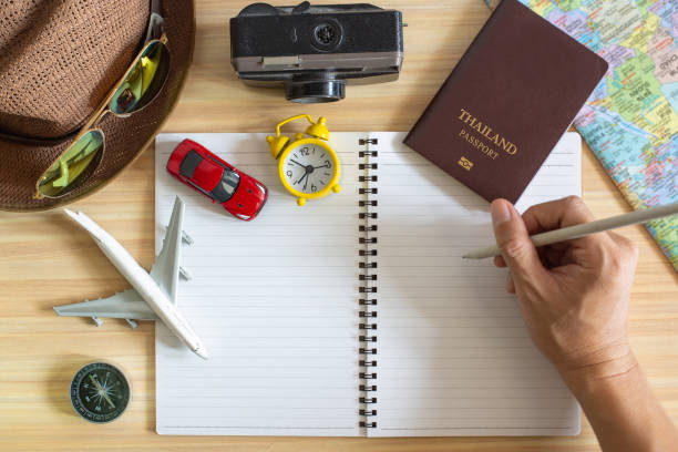 Travel accessories set on wooden background:passport,compass,notebook,clock hat, map, camera,carmodel,airplane moddel and sunglasses. Top view point.Young man planning vacation trip with map. accesorios de viaje establecidos en fondo de madera: pasaporte, brújula, cuaderno, sombrero de reloj, mapa, cámara, modelo de coche, moddel de avión y gafas de sol. punto de vista superior. joven planeando un viaje de vacaciones con mapa.