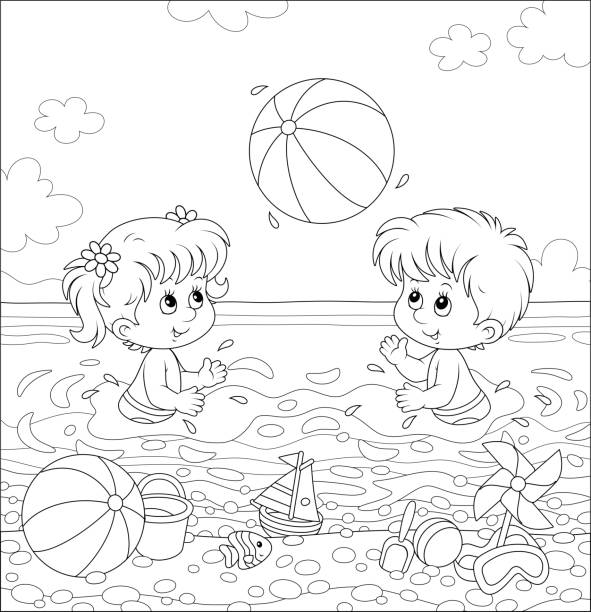 kinder spielen einen großen ball am strand - vector sand summer smiling stock-grafiken, -clipart, -cartoons und -symbole
