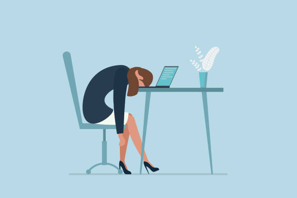 Professional burnout syndrome. Exhausted sick tired female manager in office sad boring sitting with head down on laptop. Vector long work day illustration Professional burnout syndrome. Exhausted sick tired female manager in office sad boring sitting with head down on laptop. Frustrated worker mental health problems. Vector long work day illustration mental burnout illustrations stock illustrations