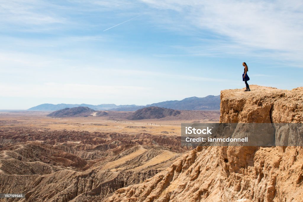 Scenic Overlook Woman at a scenic overlook in the desert Anza Borrego Desert State Park Stock Photo