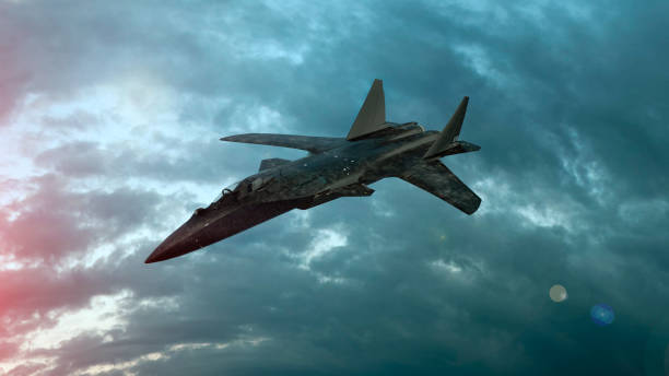 istock Military fighter plane fly in clouds. Wonderful sunset. 3d illustration 1157164734