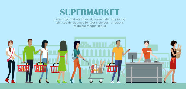 ilustrações de stock, clip art, desenhos animados e ícones de supermarket concept banner in flat style design. - food shopping
