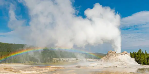 Photo of Panoramic Castle Geyser with Rainbow, Wyoming