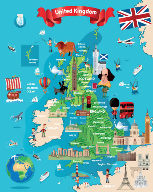 kreskówkowa mapa wielkiej brytanii - flag welsh flag northern ireland flag republic of ireland stock illustrations