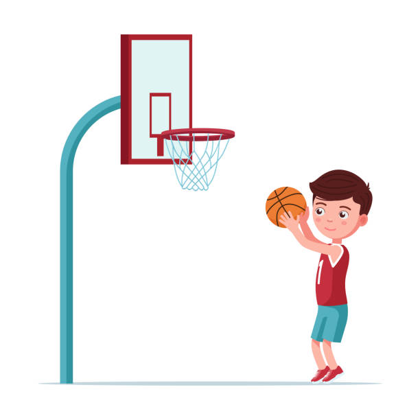 chłopiec koszykarz rzuca piłkę w koszu - basketball little boys male young adult stock illustrations