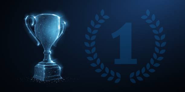 Trophy cup Abstract vector 3d trophy wreath laurel isolated background. Champions award, sport victory, winner prize concept. Competition success, first place, best win symbol. Top one number blue cup stock illustrations