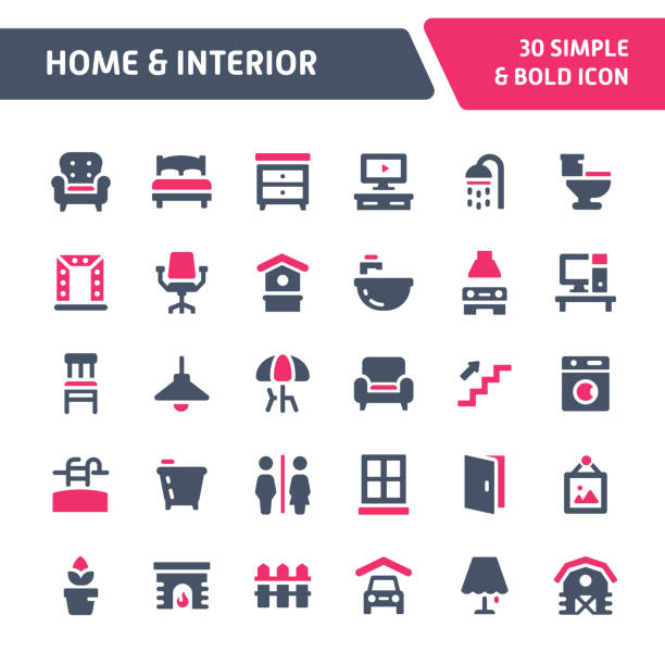 Home & Interior Vector Icon Set. 30 Editable vector icons related to home and interior. Symbols such as home furniture, types of room and home appliances are included in this set. Still looks perfect in small size. vanity mirror stock illustrations