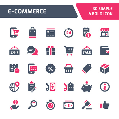 30 Editable vector icons related to website store & e-commerce. Symbols such as store object, payment method and shipping are included in this set. Still looks perfect in small size.