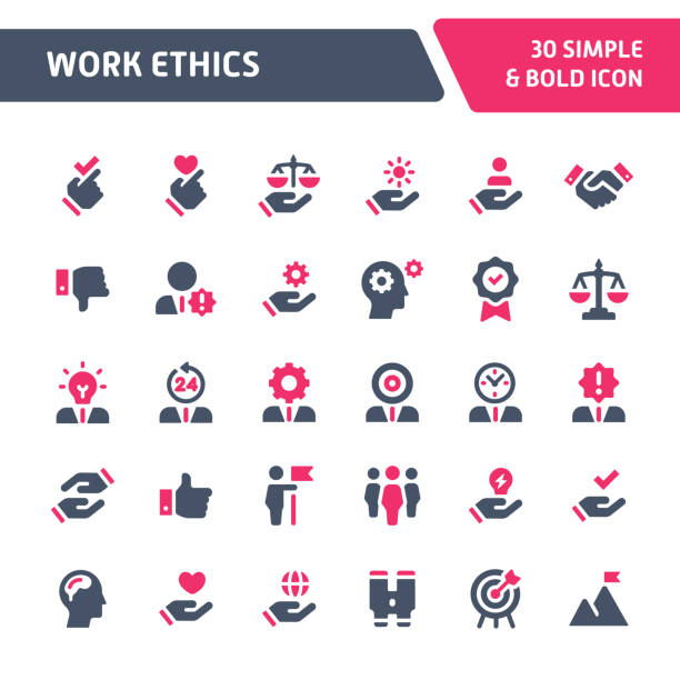 Work Ethics Vector Icon Set. 30 Editable vector icons related to employment & work ethic. Symbols such as teamwork, morality, proficiency, leadership and empathy are included. Still looks perfect in small size. humility stock illustrations