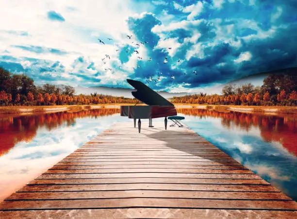 Music concept background.Scenic landscape.Lake and trees