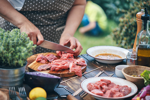 Preparing Beef Kebab with Vegetables Outside