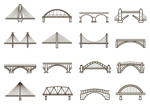Bridges line icon set, city architecture construction Bridges line icon set, city architecture construction. Structure built over a railway, river, road. Vector line art illustration isolated on white background bridge stock illustrations