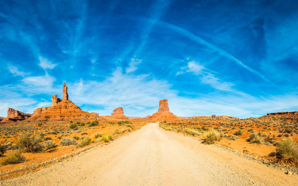 istock Long straight road through American desert panorama Monument Valley Utah 1157192522