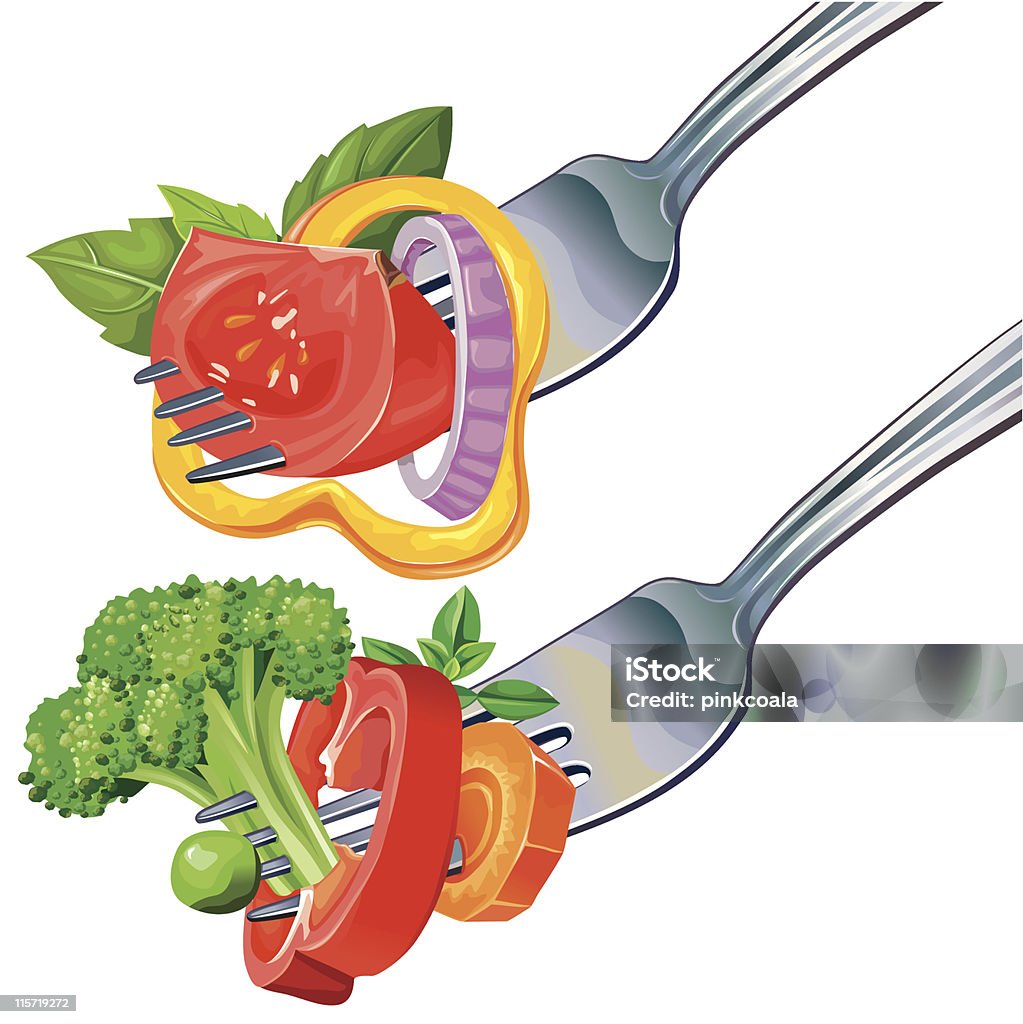 Mezcla de vegetales frescos en horquilla - arte vectorial de Albahaca libre de derechos