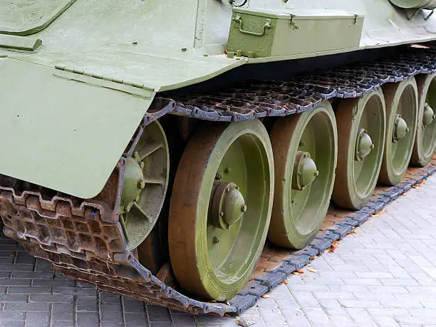 Wheels of the Russian tank t-34. It is photographed in the city of Volgograd, Russia