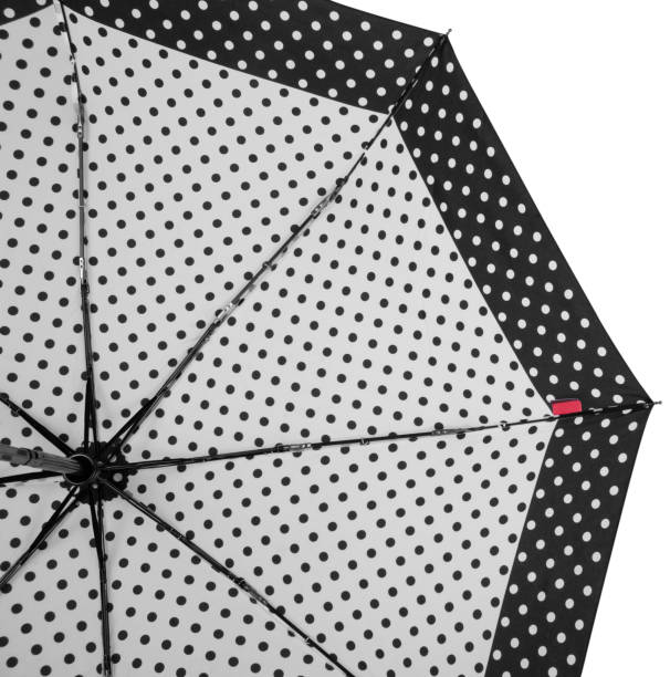 Underside of Black and white Dotted umbrella with eight ribs isolated on white background. Bottom view