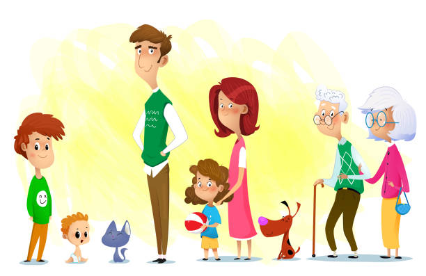 ilustraciones, imágenes clip art, dibujos animados e iconos de stock de conjunto de familia feliz con mascota - family pets dog multi generation family