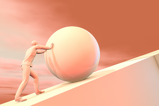 3d rendering of a strong man pushing a big rock up the hill to reach the goal on top.