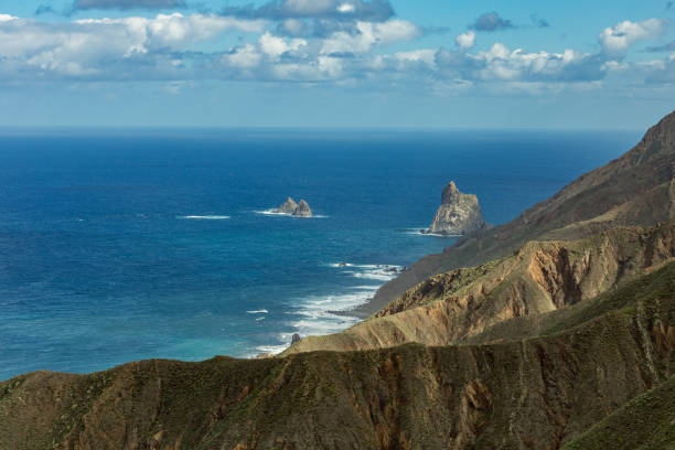 istock Steep high lava rock cliffs. Blue sea horizon, natural sky background. 1157208104