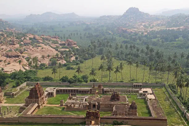 Ariel view of Achyuta Raya Temple and Courtesan's street from Matanga Hill. Sacred Center. Hampi, Karnataka, India.