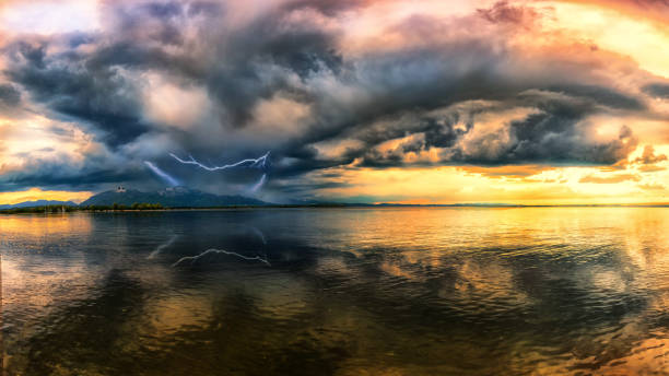Thunderstorm front with beautiful sunset in the background