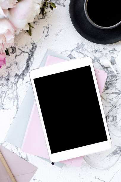 istock Blank black tablet screen. Cozy light morning atmosphere. 1157215606