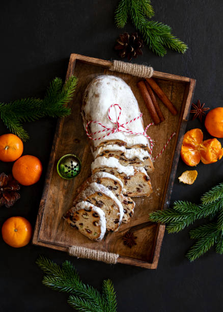 istock Christmas traditional fruit bread stollen, top down view 1157216648