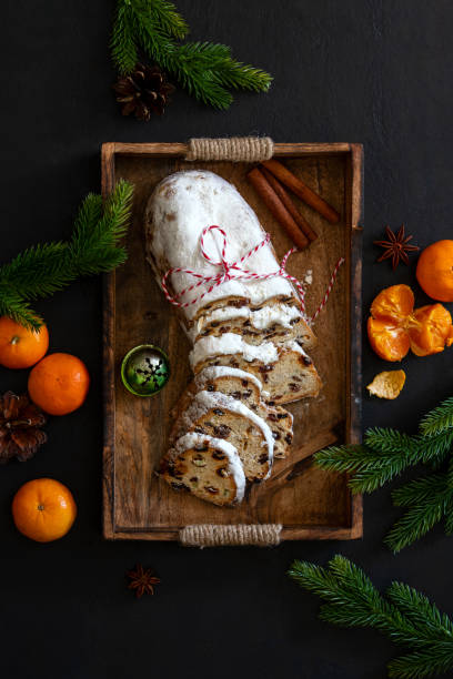 istock Christmas traditional fruit bread stollen, top down view 1157216649