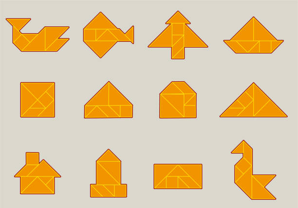 ilustraciones, imágenes clip art, dibujos animados e iconos de stock de figuras de tangram en diferentes formas y construcciones. - tangram casa
