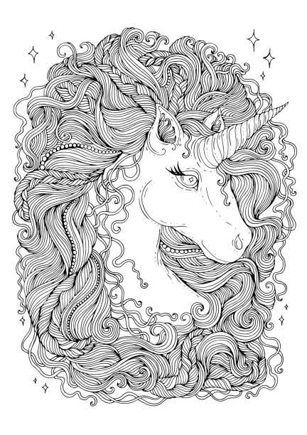 Vector hand drawn portrait of a fabulous unicorn with wavy developing hair mane with braided pigtails and beads. Coloring page sweet dreams. Design card, print t-shirts. Fairy tale mythical characters Vector hand drawn portrait of a fabulous unicorn with wavy developing hair mane with braided pigtails and beads. Coloring page sweet dreams. Design card, print t-shirts. Isolated Fairy tale mythical characters dream believe tattoo stock illustrations