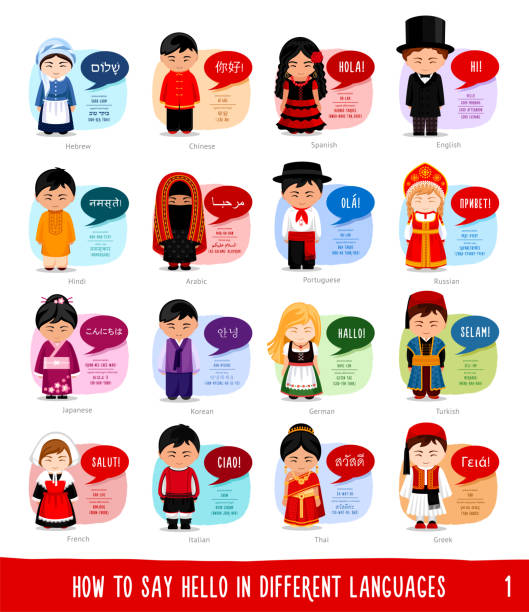 Cartoon characters saying hello in most popular languages. Girls and boys in national clothes. french language learn stock illustrations